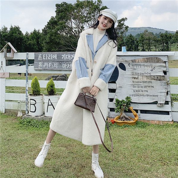 

women fashion korean loose denim splice white faux lambswool loose long trench jacket coat female faux fur overcoat outerwear, Black