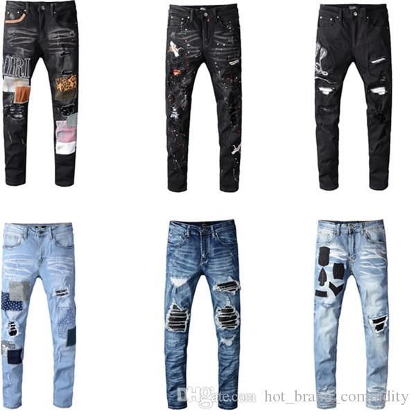

brand jeans дизайнер одежды брюки off road panther black soldier mens тонкий denim straight байкер hole hip hop jeans men, Blue