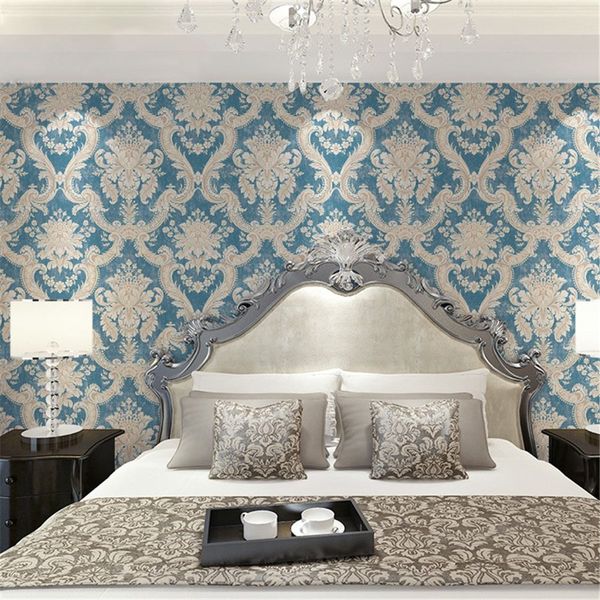 

3d stereo effect europe wall paper blue damascus blue gold pattern large non-woven wallpaper living room tv sofa wall bedroom