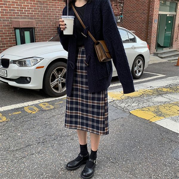 

plus size harajuku long skirt korean grey plaid skirt women zipper high waist school girl pleated plaid vintage long, Black