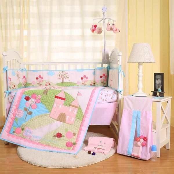 

6pcs/set 100% cotton girl crib bedding sets blanket crib diaper bag pink print washable baby bedding set