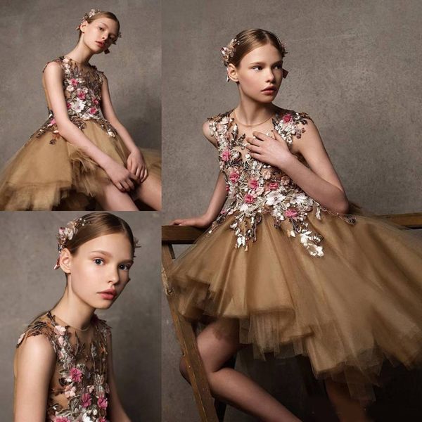 

classy high low little girls pageant dresses 3d appliqued a line tiered flower girl dress tulle beaded first communion gowns, White;red