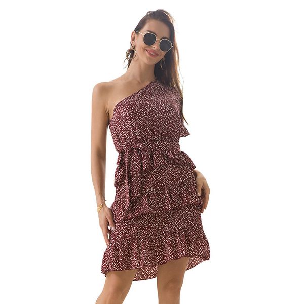 

summer short sleeve boho dress solid ruched one shoulder female mini dress polka dot casual ruffle, Black;gray