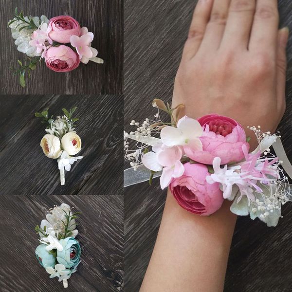 

2019 long ribbon artificial wrist flowers quality wedding corsages and boutonnieres silk rose marriage accessories