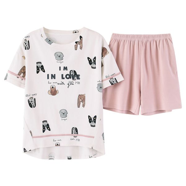 

summer cotton cute dog print + pink sleeping pajamas women round neck short sleeves sleep elastic waist shorts loose, Blue;gray