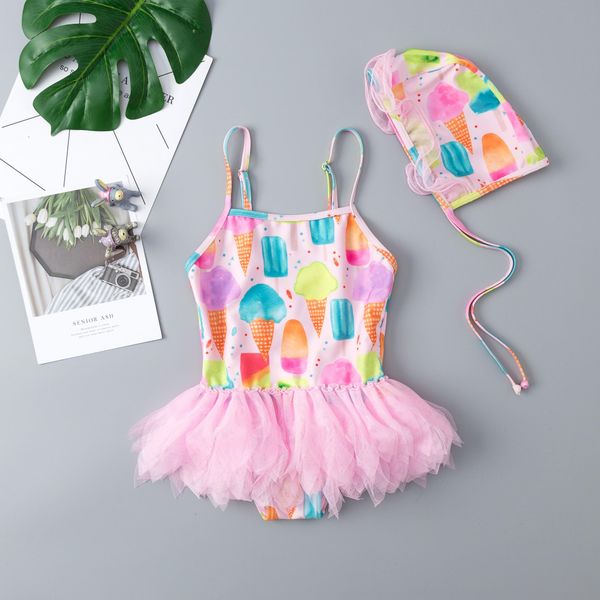 

2019 girls' cute children's one-piece children's ice ice cream swimsuit cream floral skirt swimsuit, White;black