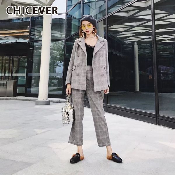 

chicever autumn blazer coat female notched collar long sleeve button loose plaid woman blazer 2019 fashion new, White;black