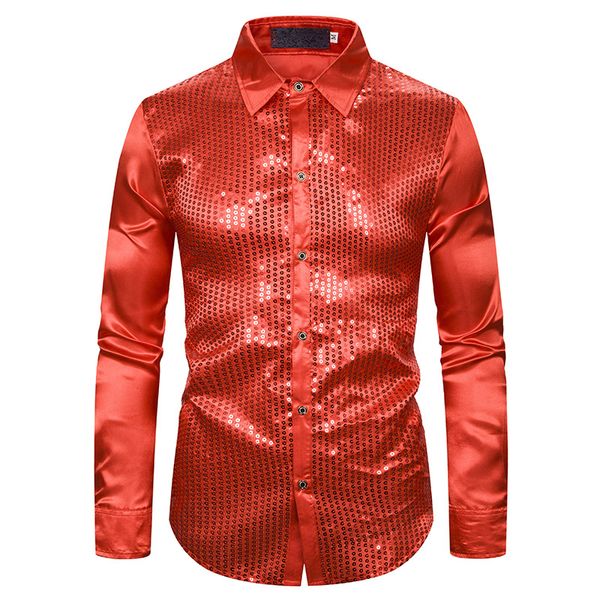 

men's luxury sequin singer shirts long sleeve silk satin shiny disco party shirt men chemise stage dance nightclub prom costume, White;black