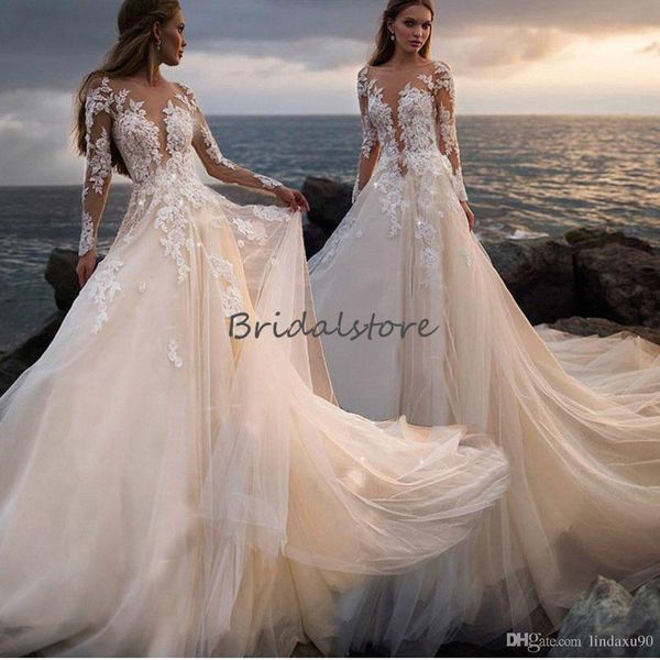 Hot Trend Beach Boho Wedding Dresses Long Sleeve Illusion Top Sheer Back Lace Destination Dream Bridal Gowns Robes De Mariée Bohème