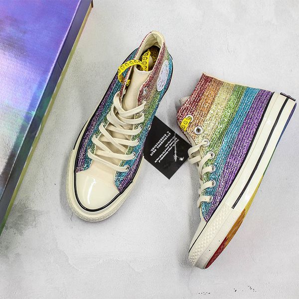 

Pride Miley Cyrus Canvas Shoes 1970s Rainbow Designer Colorful 2019 New Fashion Mens Women Casual Sport High Sneaker