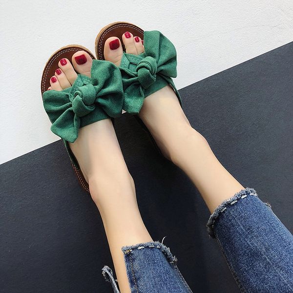 

adisputent summer women slippers bow tie flat heel sandals slides flops torridity flat ladies shoes beach casual chanclas mujer, Black