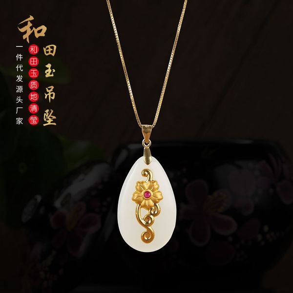 

2020 rushed asg choker necklace the new 3 d inset jades hetian inlaying 4 d/hetian water droplets gem ruyi pendant wholesale, Blue;slivery