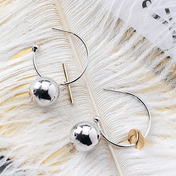 

2018 korean simple geometric big circle hoop earrings asymmetric metal ball bar earring for women fashion party wedding jewelry, Golden;silver