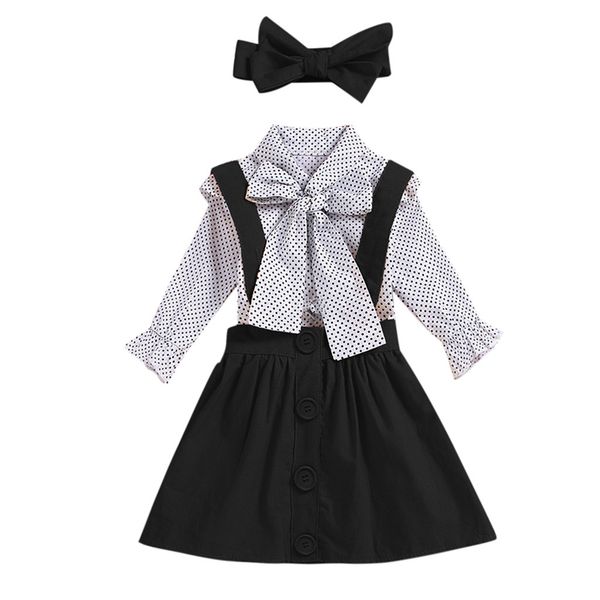 

3pcs children clothing sets 2020 toddler infant baby girls dot print full sleeve t shirt strap skirt outfits set, White