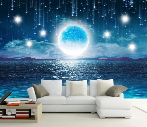 

water rise moon 3d home wallpaper красивая ночная звезда небо луна пейзаж гостиная стены декоративные обои