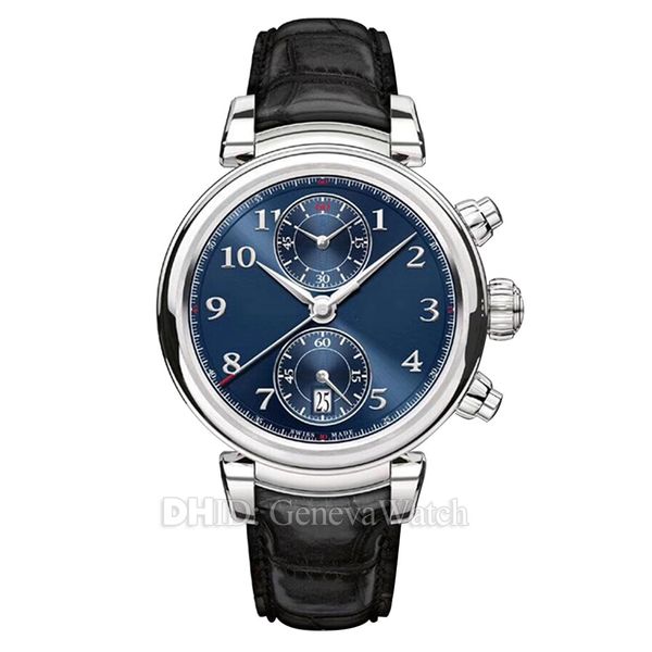 

роскошные мужские часы синий циферблат vk хронограф функция наручные часы кварцевые часы 42 мм стальной корпус черный кожаный ремешок montre, Slivery;brown