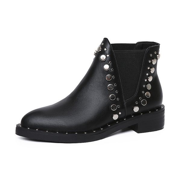 

new punk rivet boots women brand pointed toe leather booties studded thick low heels ankle bota plush shoe winter, Black