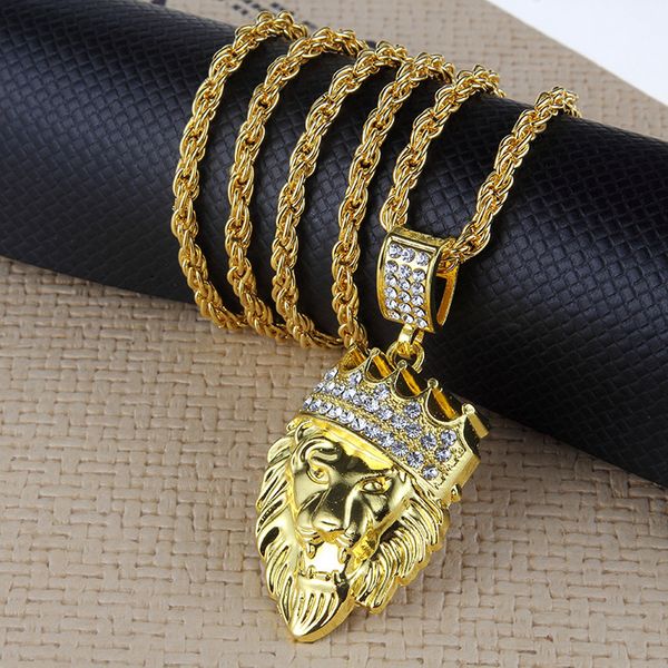 

necklace men full iced out rhinestone lion tag pendant cuban chain hip hop necklace choker jewelry collares de moda 2019, Silver