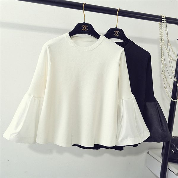 

women casual knit sweater pullovers patchwork flare sleeve solid knitting sweaters, White;black