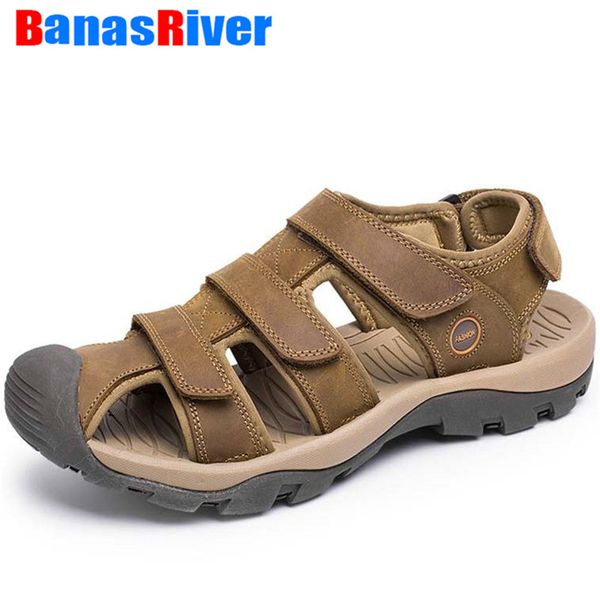 

flats fashion summer shoes cow leather men sandals casual non-slip rubber soles beach male sneakers zapatillas plus size 38~46, Black