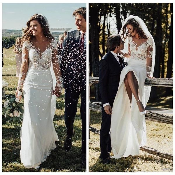 

amazing slim mermaid wedding dresses modest long sleeves lace appliques garden bridal gowns customized formal long robe de mariee, White