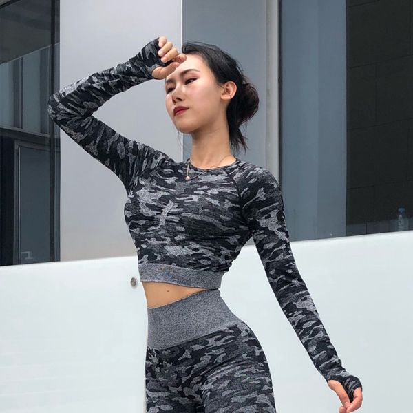 

2019 back hollow sports t-shirt camouflage slim slimming running fitness clothes tight yoga quick-drying long-sleeved women, White;black
