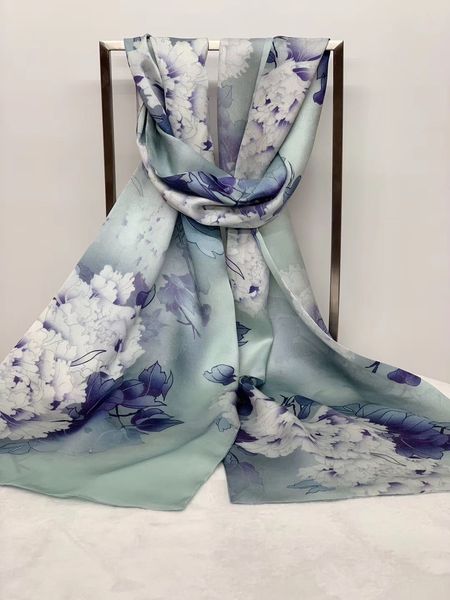 

floral long 100% real mulberry silk scarf 2ply silk satin neckerchiefs factory sale 10 pcs/lot #4098, Blue;gray