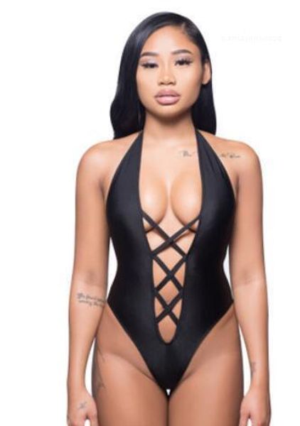 

bandage lace up halter women one piece bikini solid color, White;black