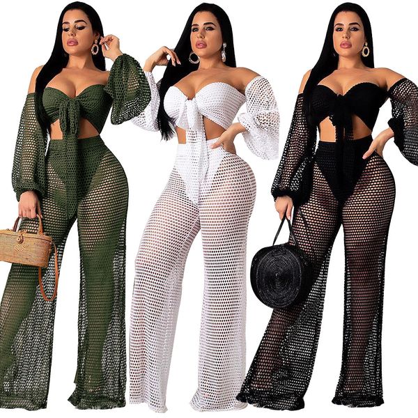 

summer new fashion personality slim high waist casual loose wide leg female long-sleeved trousers beach two-piece suit, White