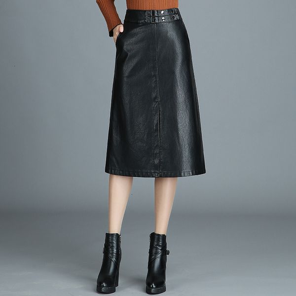 

women pu leather midi rok herfst winter ladies package hip slit straight mid -calf rok black high tail plus size ym1023