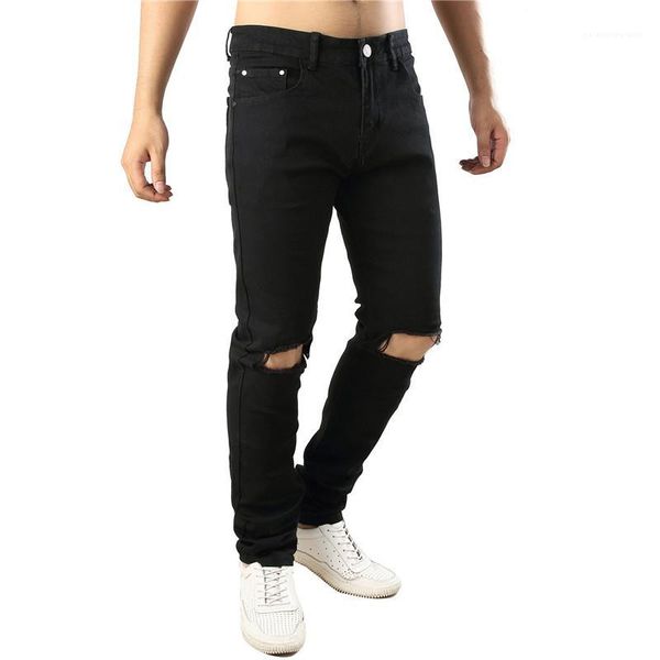 

fashion holes mens pencil pants designer hip pop mens pantalon casual zipper stretch pants solid with, Black