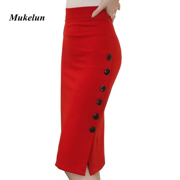 

plus size 2019 fashion women work midi skirt ol open slit button slim pencil skirt elegant office ladies skirts red black, Black;gray