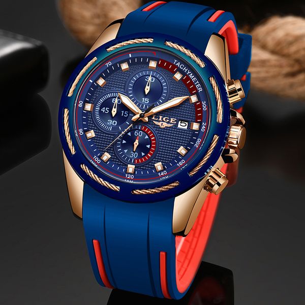 

2019 lige wrist watches men waterproof fashion sport clock men's wristwatch quartz relogio masculino silicone strap, Slivery;brown