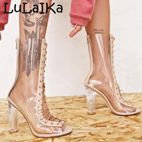 

runway 2020 lady spring and autumn new fashion fish mouth cross strap thick heel transparent crystal cool booties, Black