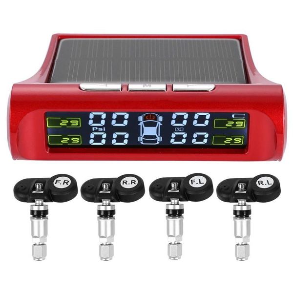 

wireless lcd car tpms solar power auto tire tyre pressure monitoring temp alarm system with 4 internal/external sensors red