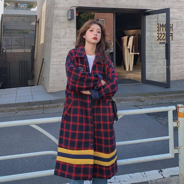 

p shoot college style elegant red classic plaid over-the-knee fold-down collar single breasted cotton coat women's, Blue;black