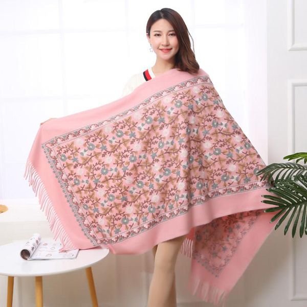 

new vintage women floral embroidery scarf wrap chinese ethical style thickening retro flower edging scarf shawl warm and soft