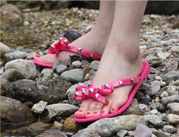 

women rivets bowknot flat slippers girls flip flops summer shoes cool beach jelly shoes, Black