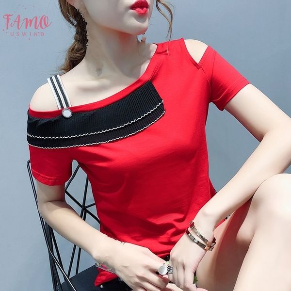 

корейский sexy рассечение шеи лоскутная tshirt 2019 новых женщин с коротким рукавом рубашки верхней одежды streetwear camiseta mujer черный, White