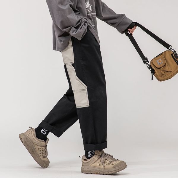 

men's overalls hit color large youth youth pants 2020 men's casual street sports pants hip-hop wide leg, Black
