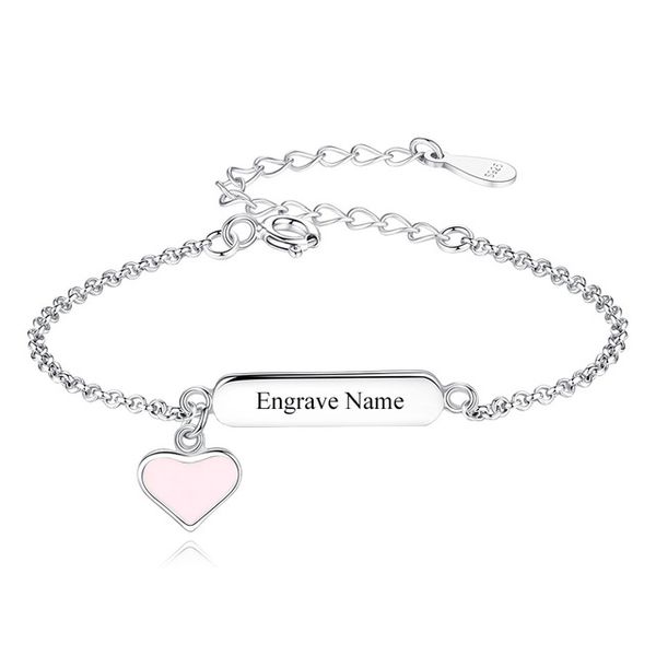 Персонализированные имени Браслеты для детей пользовательские розовые эмали сердца Bracte Bracte engrave 925 стерлингового серебра подарок ювелирных изделий