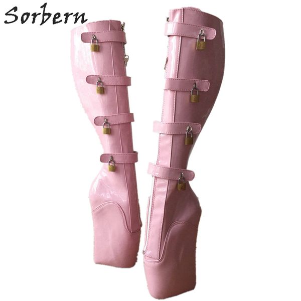 

ballet high heel wedges boots knee high women 18cm 10 keys lockable boot hoof heelless fetish light pink shoes, Black