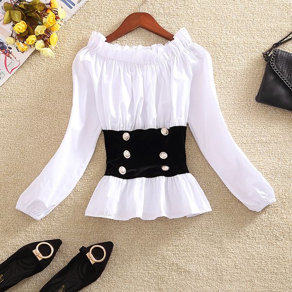 

sweet blouse women short shirt crop slash neck off-shoulder patchwork elastic waist ruffles lantern sleeve japan t95291, White