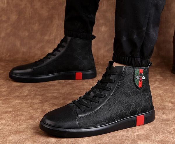 

fashiondesigner men genuine leather high embroidery bee shoes luxury flat walking shoe dress party wedding shoes size 38-46, Black