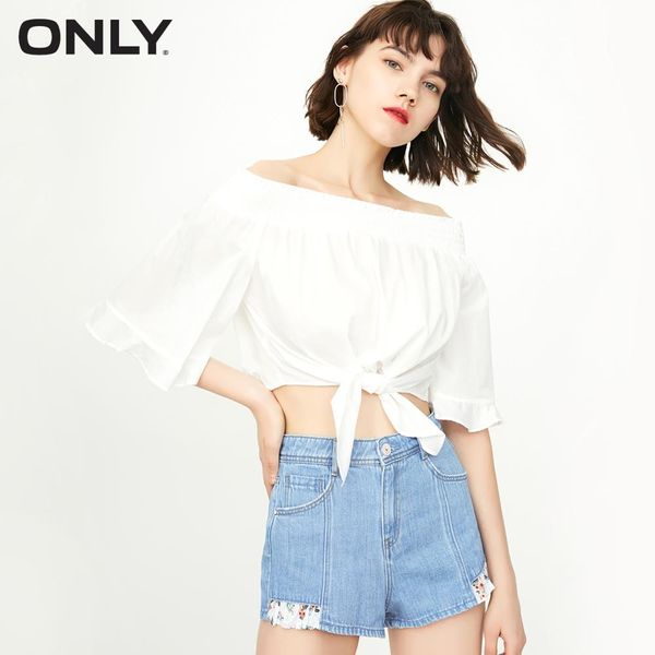 

only summer women's floral splice distressed denim shorts |118343506, Blue