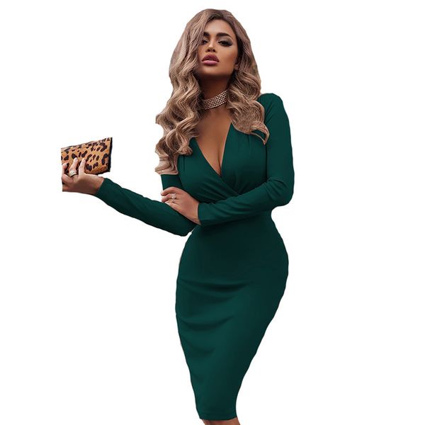 

2019 new fashion women package hip solid dress deep v-neck long sleeve fold office lady dresses for female, Black;gray