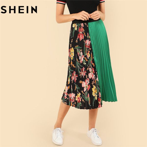 

shein summer knee-length mid waist floral boho women pleated skirt 2018 fashion polyester clothing eelastic waist vacation skirt, Black