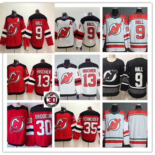 

Mens New Jersey Devils Nico Hischier Jersey #35 Cory Schneider #9 Taylor Hall #30 Martin Brodeur Retirement Patch Devils Jersey