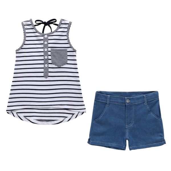 

лето ребёнки рукава stripe vest tops + шорты джинсовых костюмов повседневного нижнее sets, White