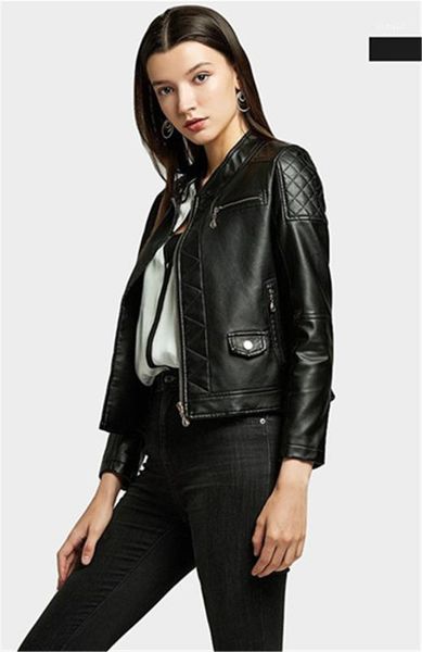 

long sleeve stand collar ladies outerwear with zipper skinny faux leather jackets autumn pu short womens coats casual, Black